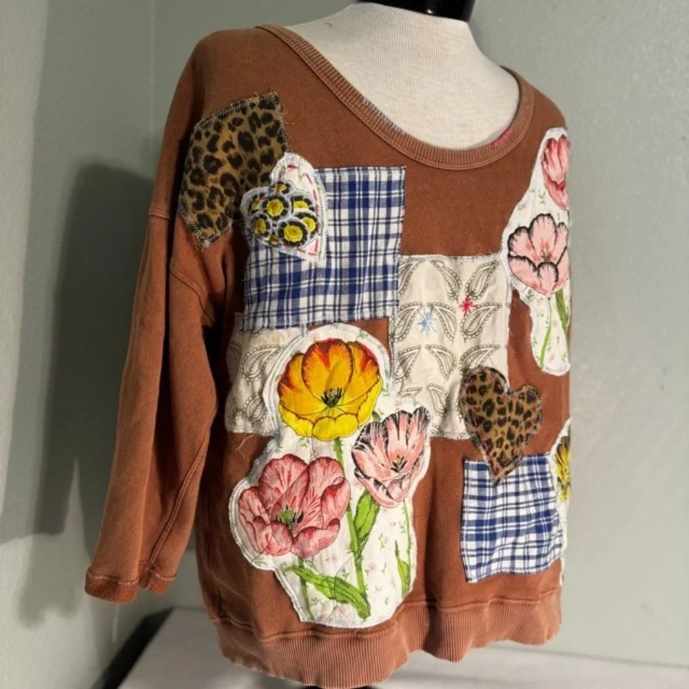 Aerie Custom Patchwork Floral Leopard Plaid Sweatshirt Womens S Vintage - Picture 3 of 8